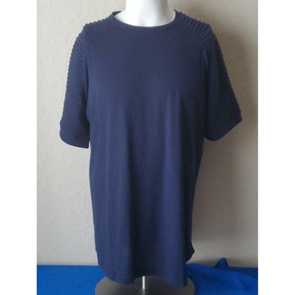 Coofandy Men's Size XL Navy Blue T-Shirt Pleated Ribbed Short Sleeve Crew Neck